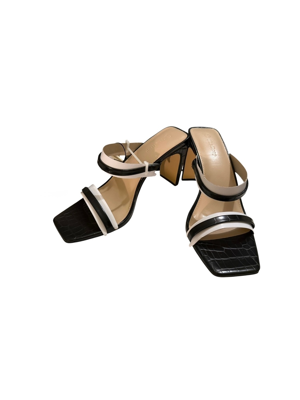 The Drop Black Croc-Embossed High Heel Sandals with White Straps